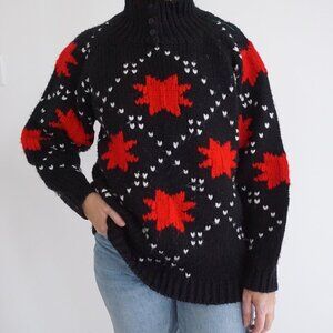 Vintage Busani Knit Sweater Black Red Maple Leaf Cabincore Retro Ski L